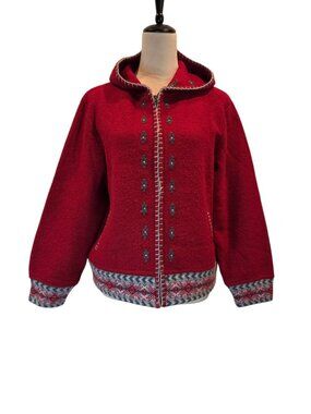 Woolrich Vintage Wool Cardigan Sweater Jacket Hooded Full-zip Ruby Red SZ L